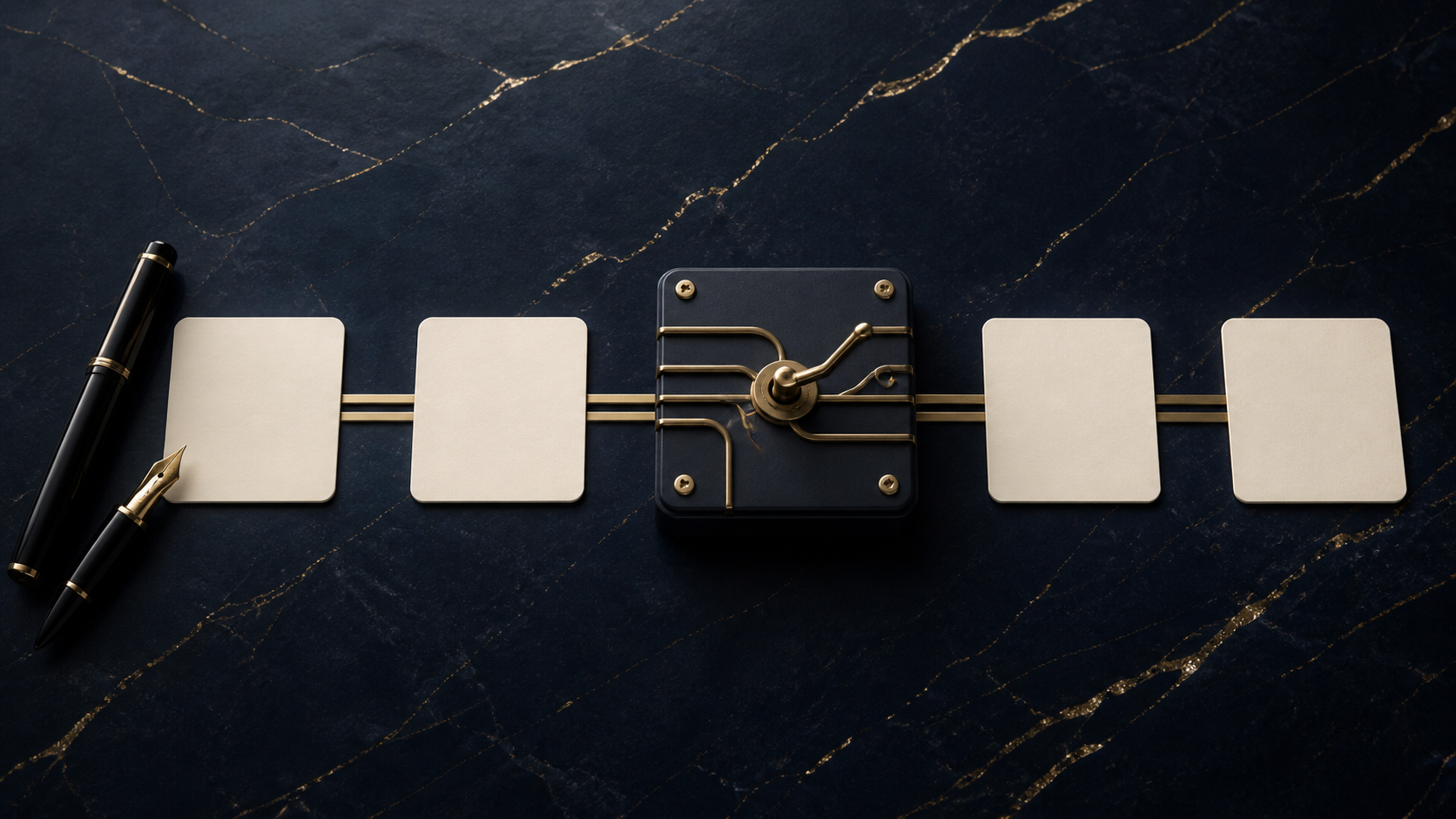 Synthetic human-directed workflow with ivory task cards, brass tracks, routing mechanism, and pen