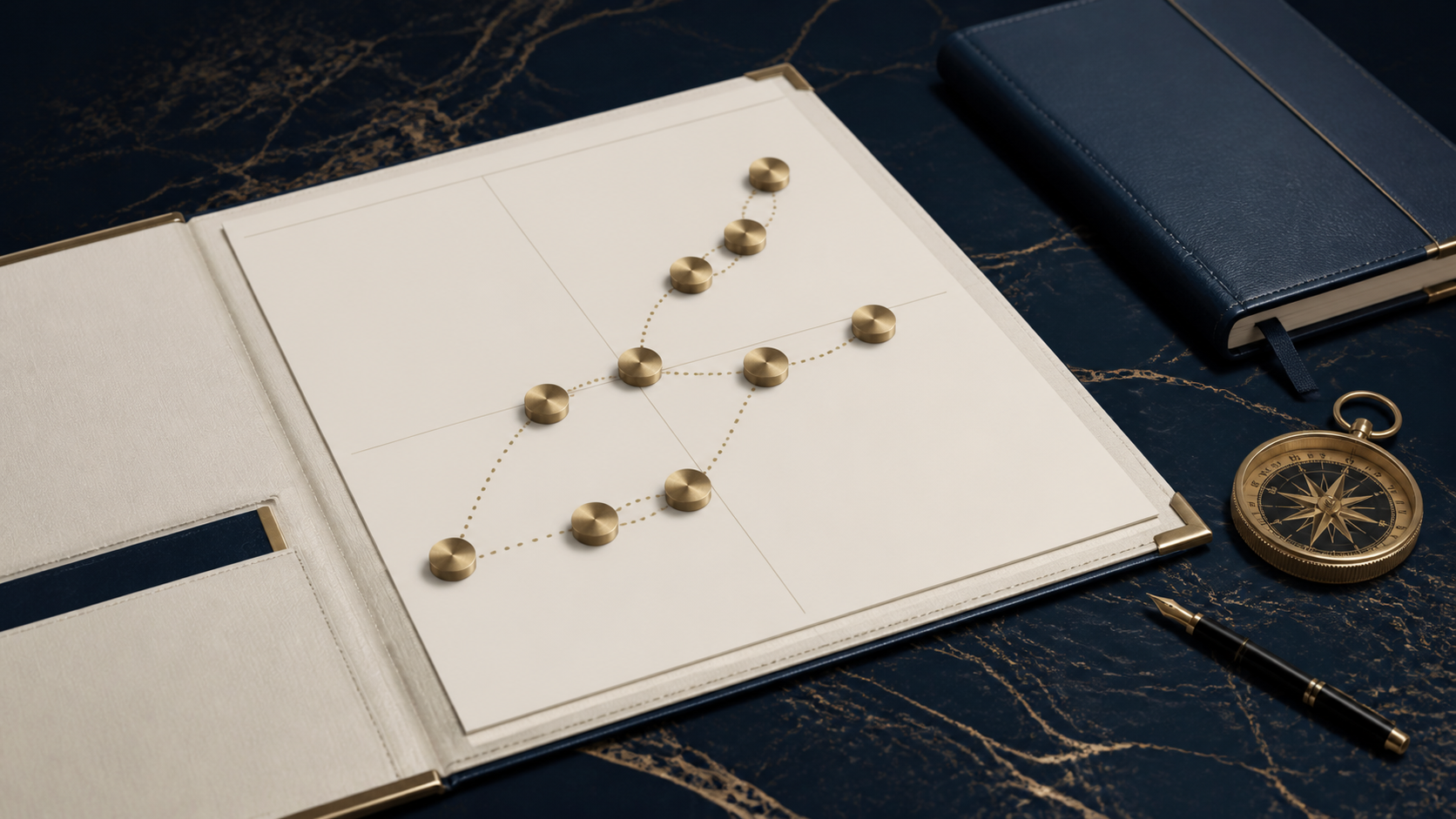 Synthetic strategic-planning folio with decision paths, notebook, compass, and pen