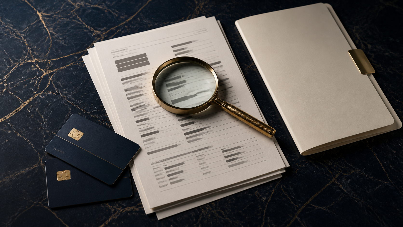 Synthetic credit-report review setup with redacted pages, brass magnifier, generic cards, and document folder