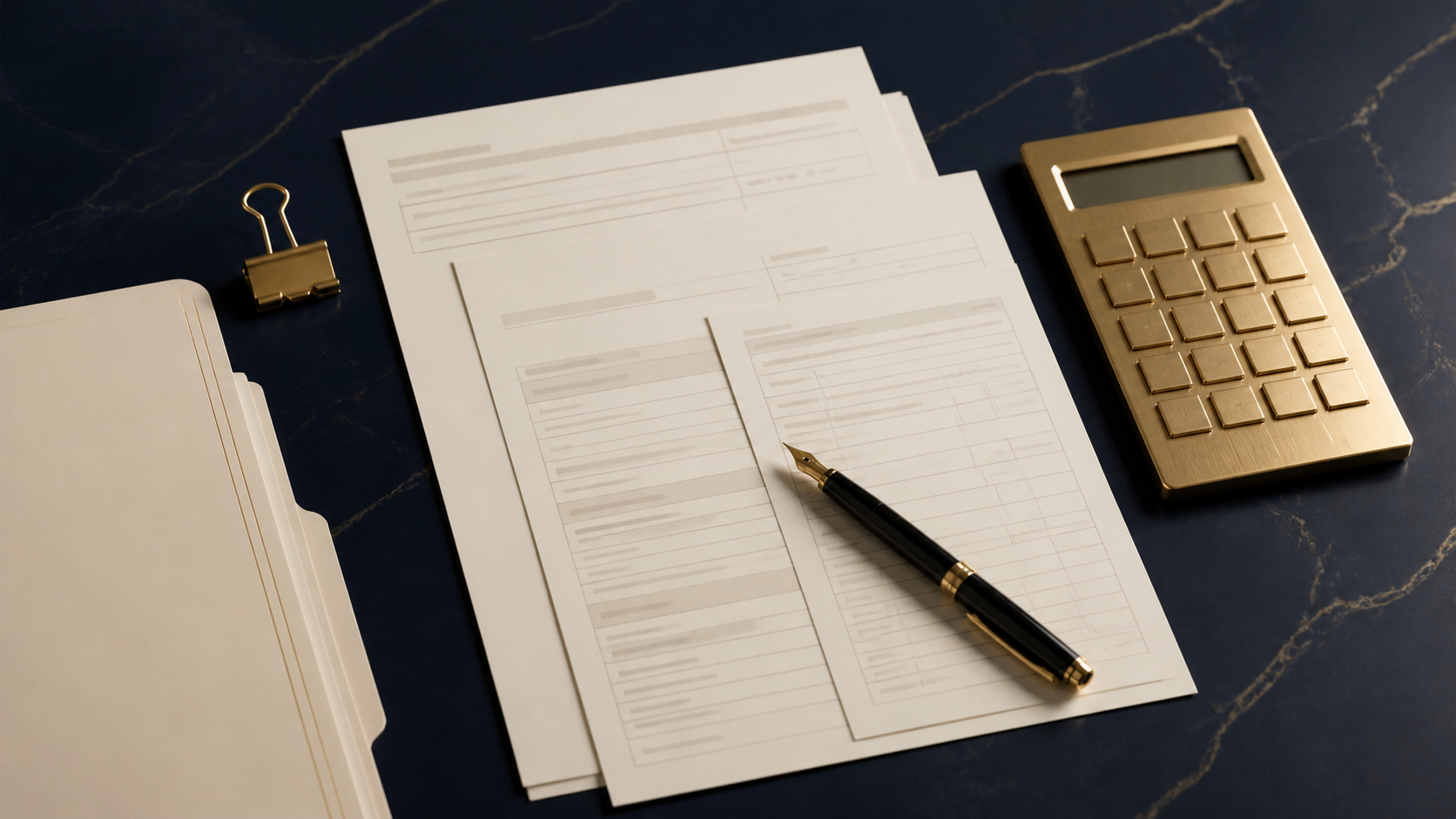 Synthetic tax-document, calculator, pen, and archive-folder editorial still life