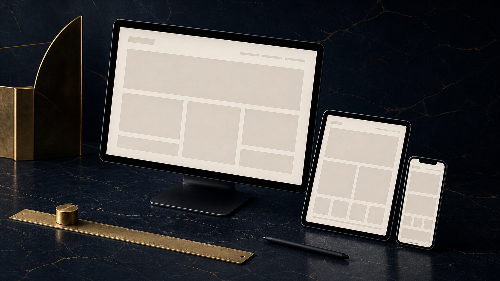 Responsive web-design studio scene with desktop, tablet, phone, stylus, and drafting rule